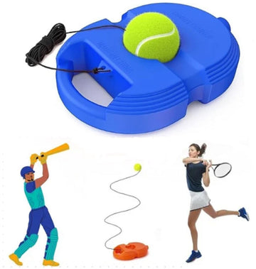 Blue tennis ball launcher with a tennis ball on a white background