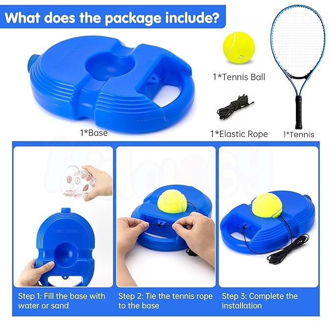 Package contents and installation guide for a blue plastic tennis ball feeder base. The image shows the blue base, a yellow tennis ball, a tennis racket, elastic rope, and a power cable, with text labels indicating what is included.