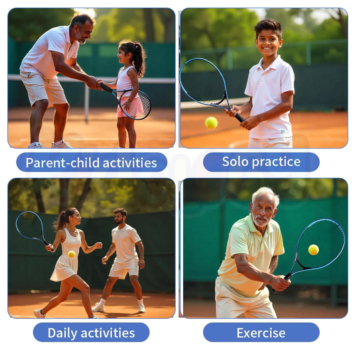 A four-panel collage showing people playing tennis on an orange clay court: a parent helping a child, a child practicing alone, two people playing together, and an older man exercising with a racket. Blue labels under each panel read 'Parent-child activities,' 'Solo practice,' 'Daily activities,' and 'Exercise.