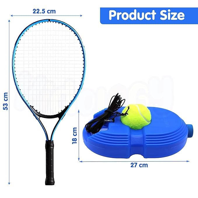 Tennis racket and blue ball pump set with overlaid product size measurements on a white background, including a tennis ball and black pump cord.
