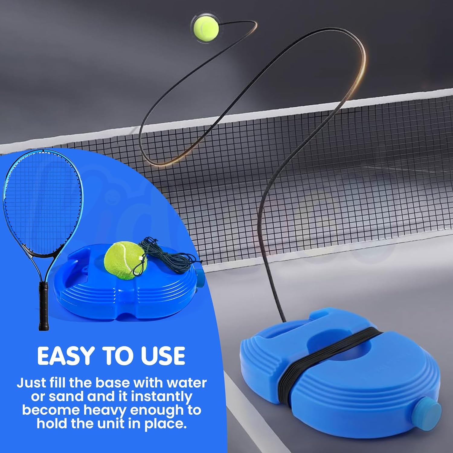 Blue water-filled exercise ball set with a black carrying strap, shown with a tennis racket, tennis ball, and text explaining easy use. A tennis net and dark gray background are visible behind it.