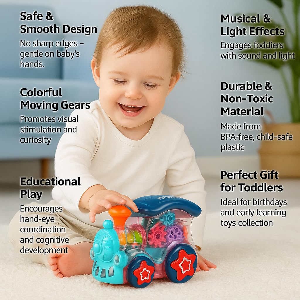 A baby sitting on a white carpet smiling while touching a colorful toy train. The image includes text callouts highlighting product features such as safe and smooth design, colorful moving gears, educational play, durable non-toxic material, musical and light effects, and being a perfect gift for toddlers.