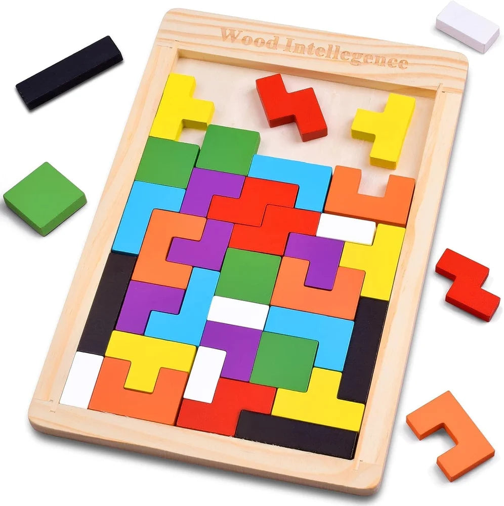 Colorful wooden puzzle with pieces on a white background