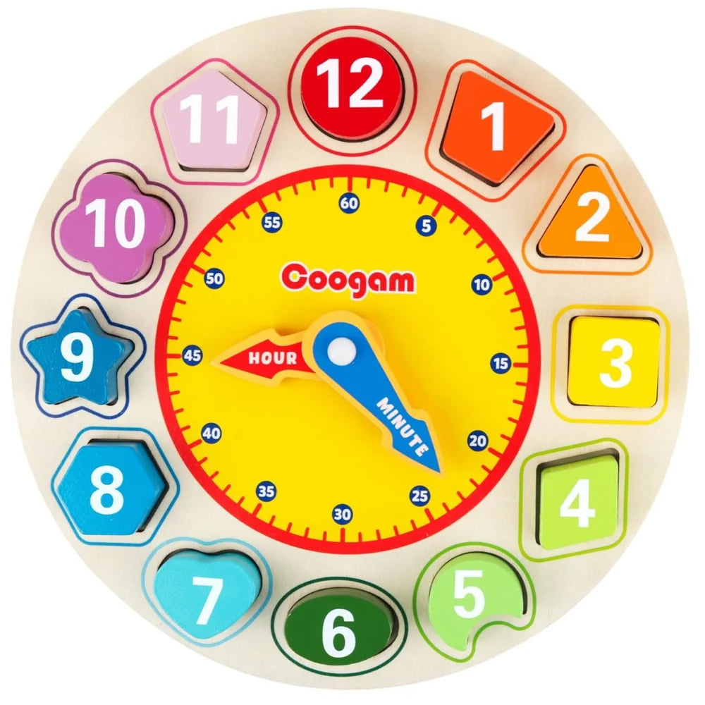Coogam wooden number and shape clock toy for toddlers, featuring colorful numbered pegs around a yellow clock face on a cream-colored circular base.