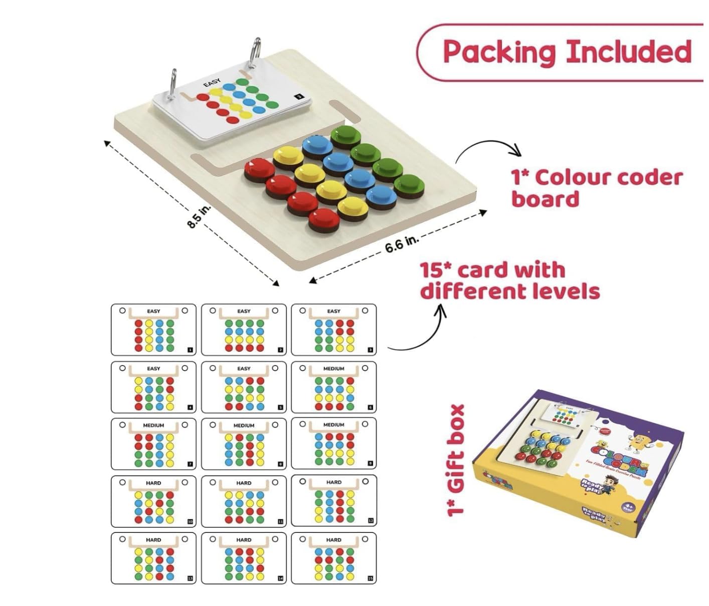 Color coder board toy set with colorful round buttons on a wooden board, included 15 level cards, and a gift box, shown on a white background with text labels.