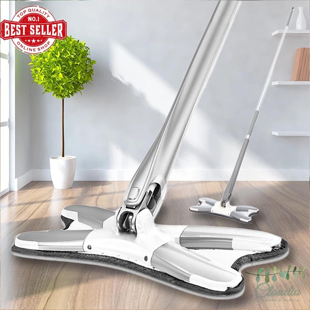 X-type Flat Floor Mop With Replace Cloth Heads - 360 Degree Squeeze