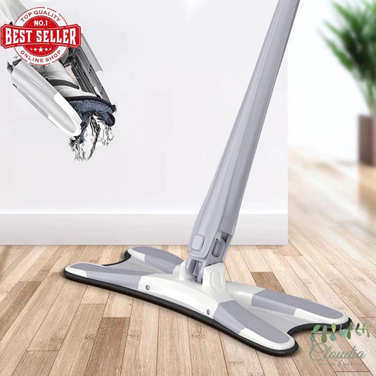 X-type Flat Floor Mop With Replace Cloth Heads - 360 Degree Squeeze
