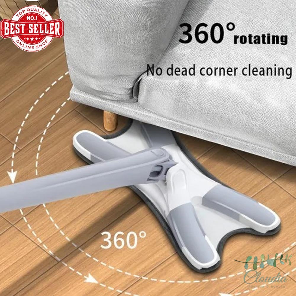 X-type Flat Floor Mop With Replace Cloth Heads - 360 Degree Squeeze