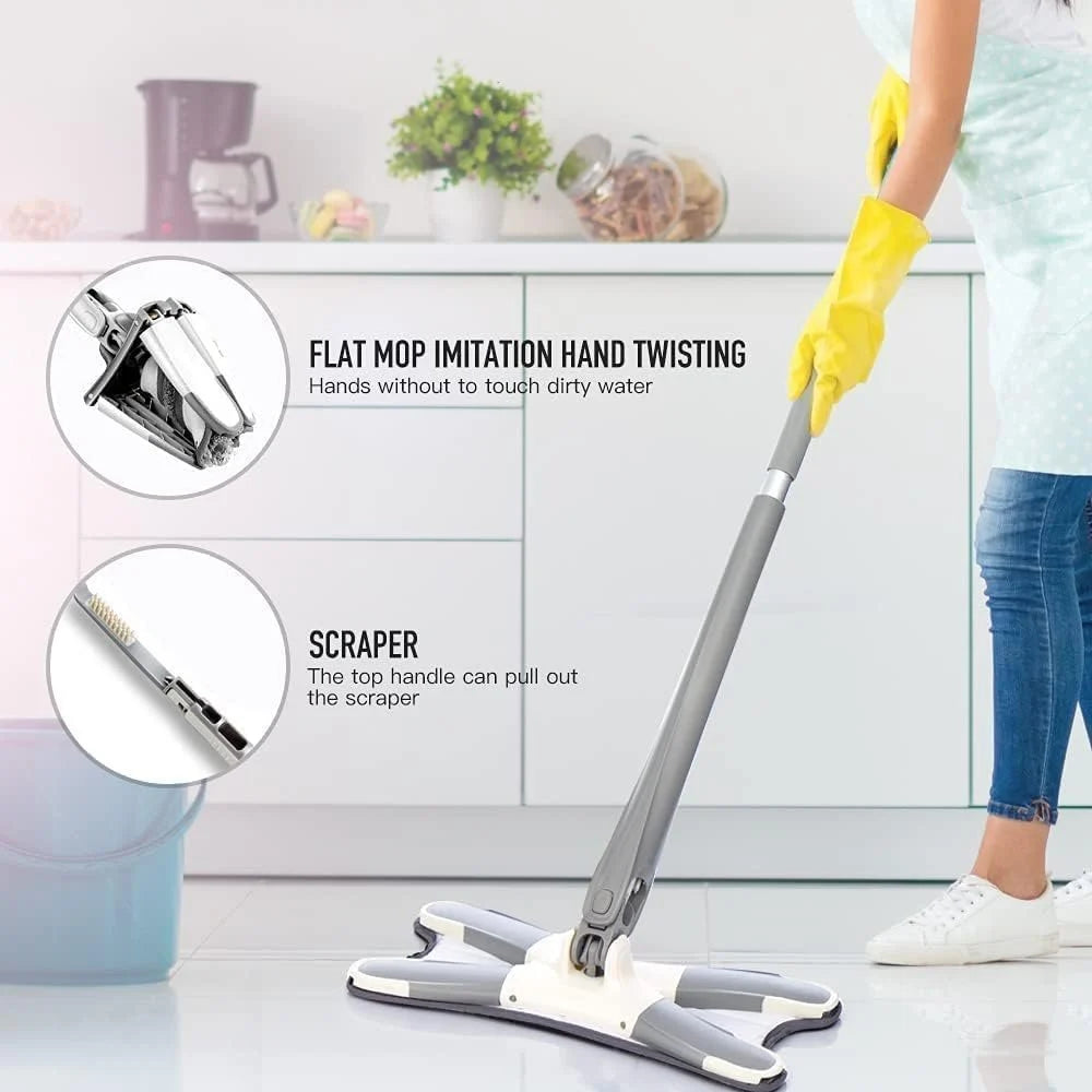 X-type Flat Floor Mop With Replace Cloth Heads - 360 Degree Squeeze